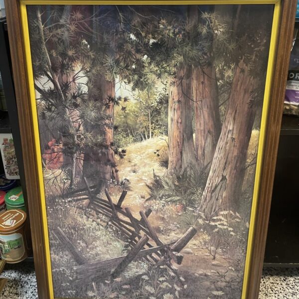 vintage framed print titled "Woodland With Fence" signed by artist Gary Jenkins. It is typically housed in a wooden frame with a yellow inner liner.