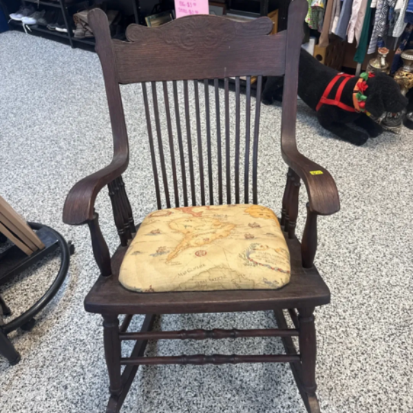 Vintage Dark Wood Spindle-Back Rocking Chair with Upholstered Map Seat